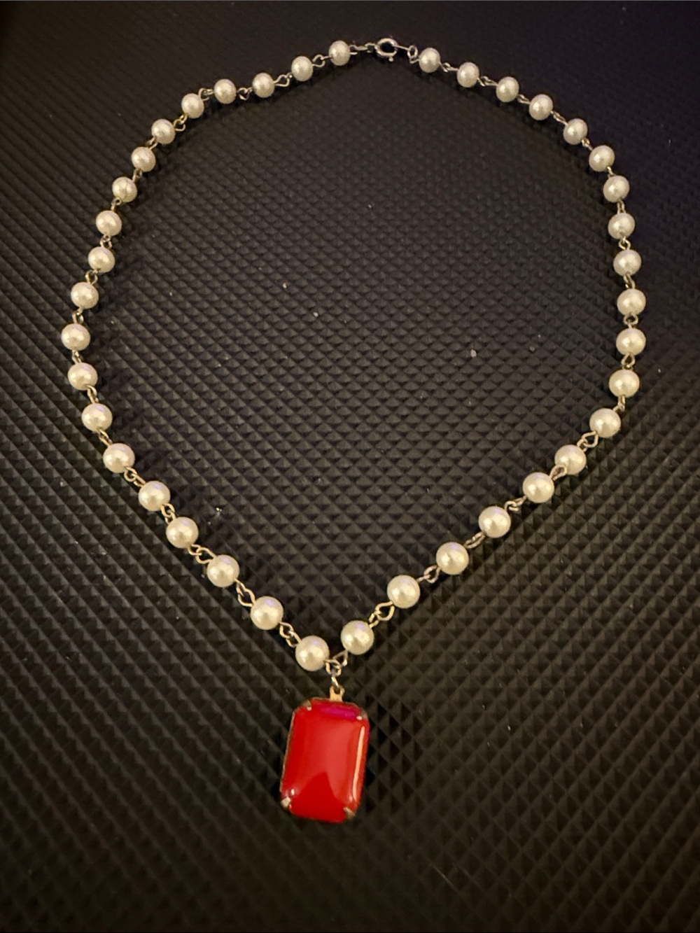 Pearl Chain Necklace with Red Pendant - Women's Jewelry